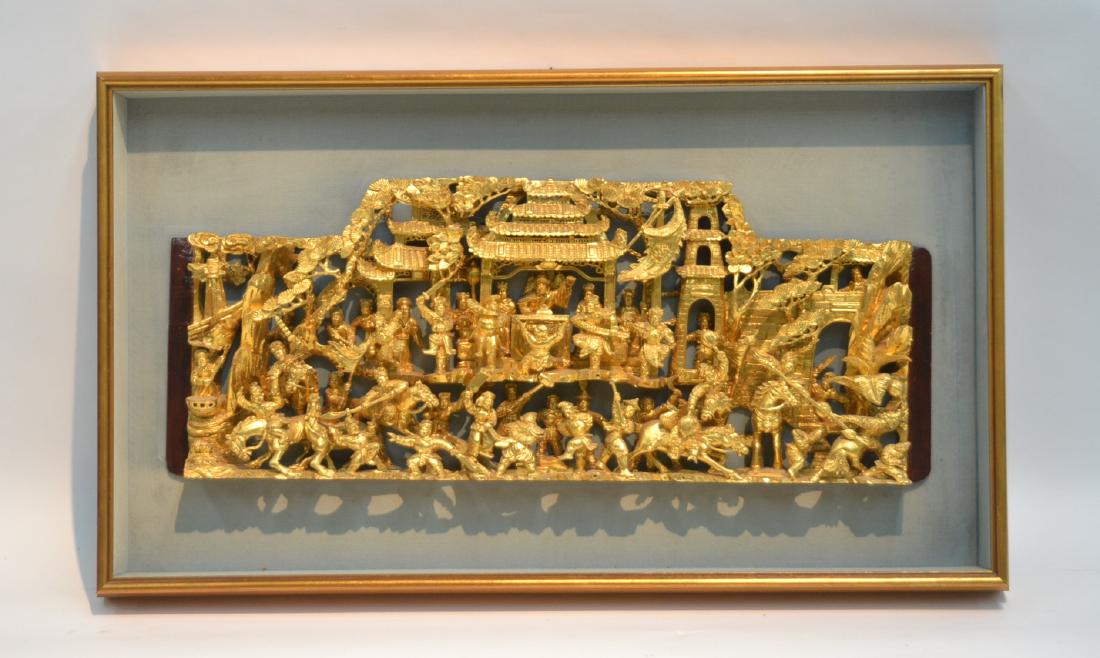 GILT CHINESE CARVING OF BATTLE SCENE: IN SHADOW BOX FRAME - 35" x 20" x 3 1/4" ; 30" x 12": x 2"
