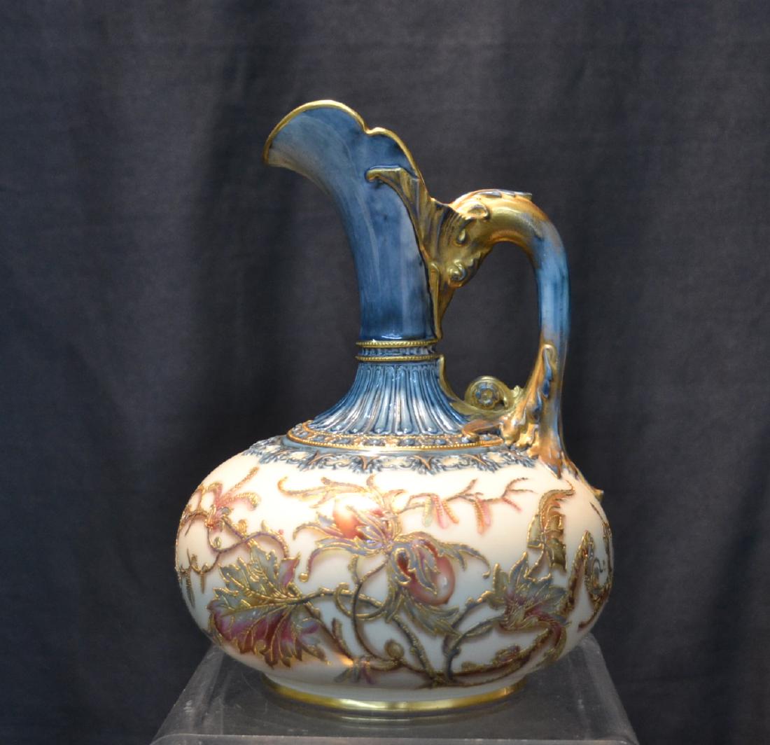 UNUSUAL ROYAL WORCESTER EWER WITH RAISED: FOLIATE & BLUE GLAZED NECK - 5 1/2" x 7 1/2"