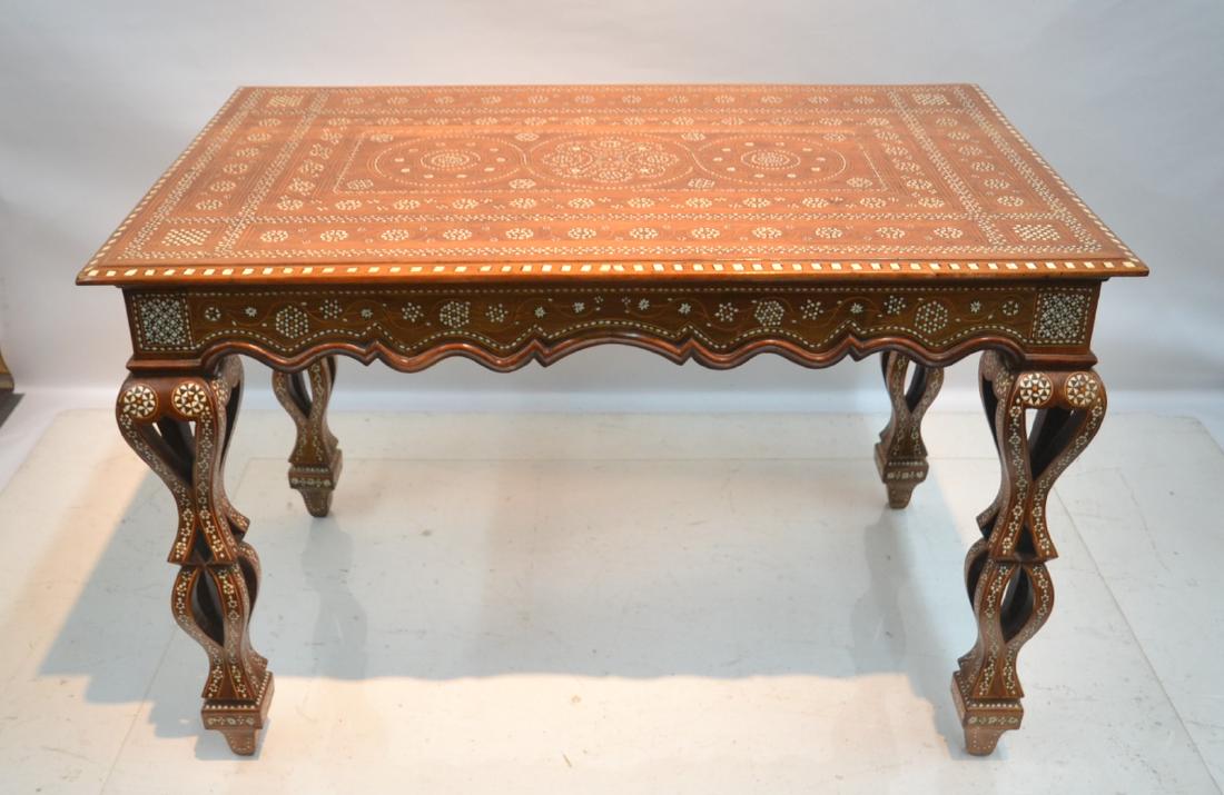 ANTIQUE SYRIAN / MOROCCAN BONE INLAID DESK: - CENTER TABLE WITH RETICULATED LEGS - 48" x 29 1/2" x 32"