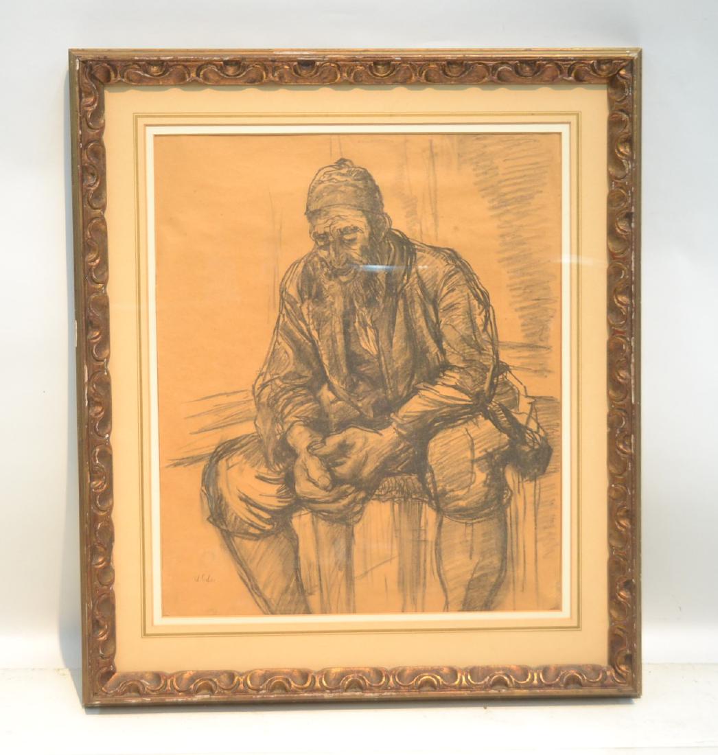 ANNA TICHO (CZECH, ISRAEL, 1894-1980) CHARCOAL: DRAWING OF SEATED MAN , SIGNED A. TICHO , LOWER LEFT - 22" x 26" , 25" x 29" OVERALL