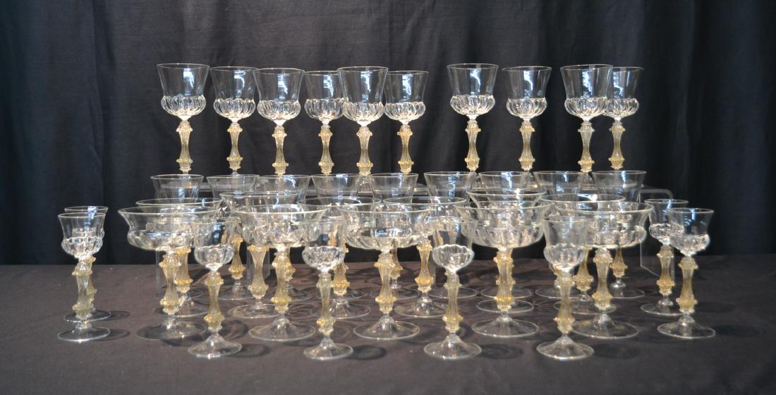 VENETIAN GLASS STEMWARE TO INCLUDE: (11) CHAMPAGNE , (10) WINE , (9) WINE & (8) CORDIAL GLASSES - LARGEST GLASS IS 3 1/2" x 7 1/2"