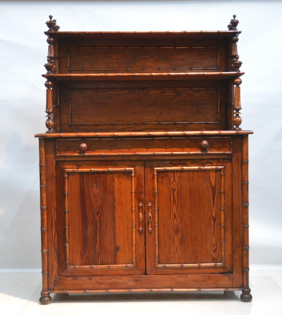 ANTIQUE PINE & FAUX BAMBOO CABINET: ETAGERE TOP ; POSSIBLY HOWARD & SONS , OREGON - 50" x 19 1/4" x 69"