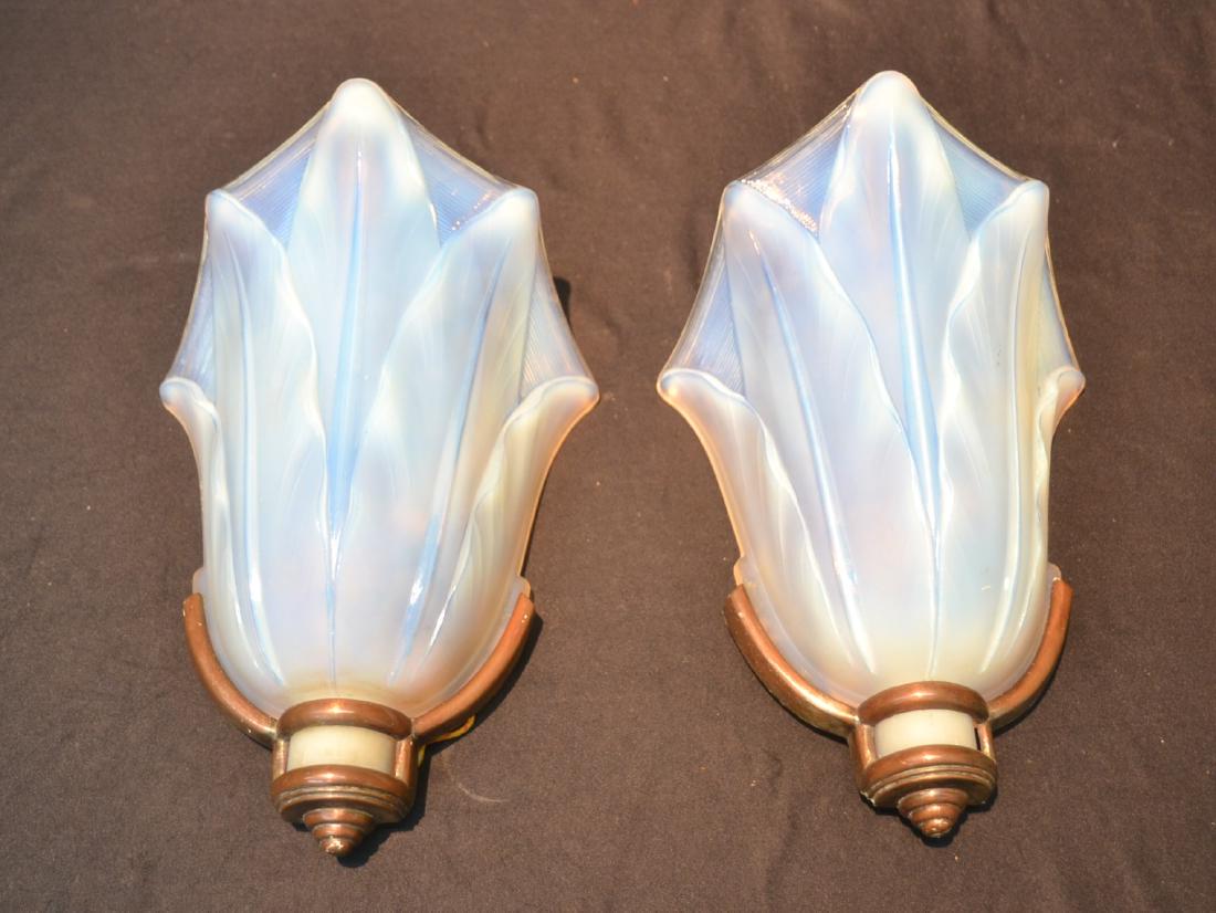 (Pr) EZAN , FRANCE ART DECO SCONCES: (Pr) EZAN , FRENCH ART DECO OPALESCENT SHADE SCONCES , SIGNED EZAN , FRANCE - 8" x 5" x 12" OVERALL