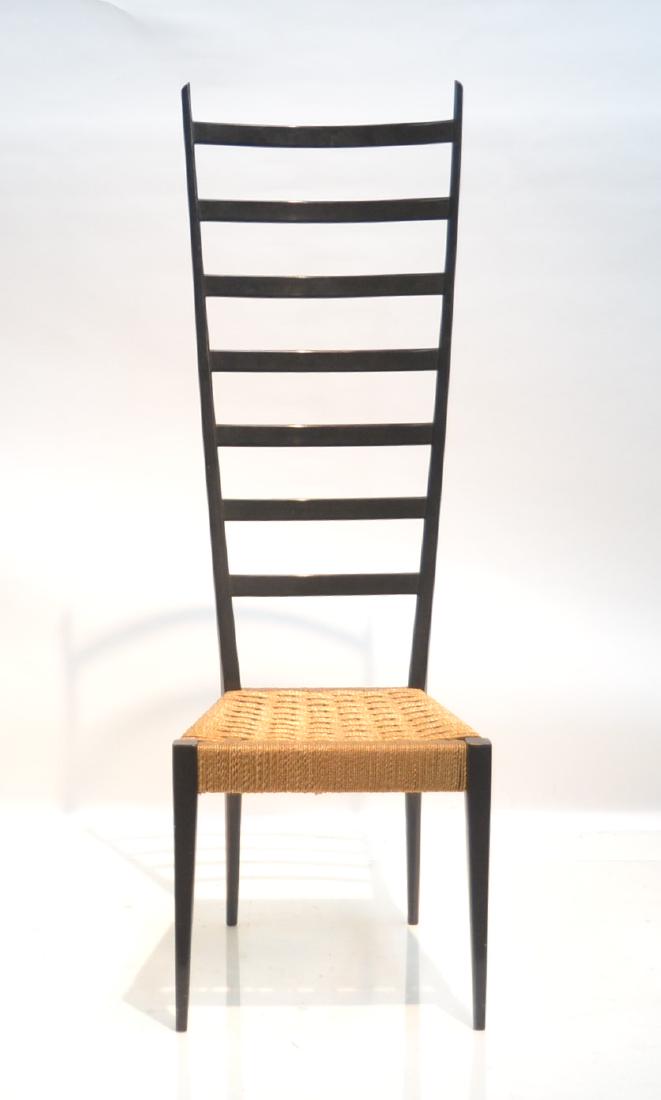 CHIAVARI , ITALIAN BLACK LACQUER LADDERBACK CHAIR: BY CHIAVARI , ITALY ; tall black lacquer Chiavari Italy bedroom chair, circa 1960. Dressing chair. Black lacquer frame. Woven Rush seat. Slightly curved back - 15" x 16" x 51 1/2"