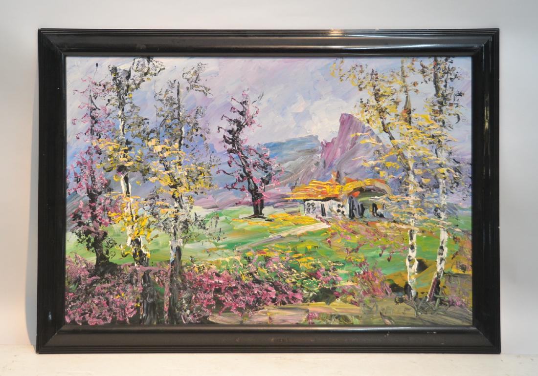 MORRIS KATZ , OIL ON BOARD CABIN & TREES IN: LANDSCAPE , SIGNED MORRIS KATZ , LOWER RIGHT - 36" x 24" , 40 1/2" x 28 1/2"