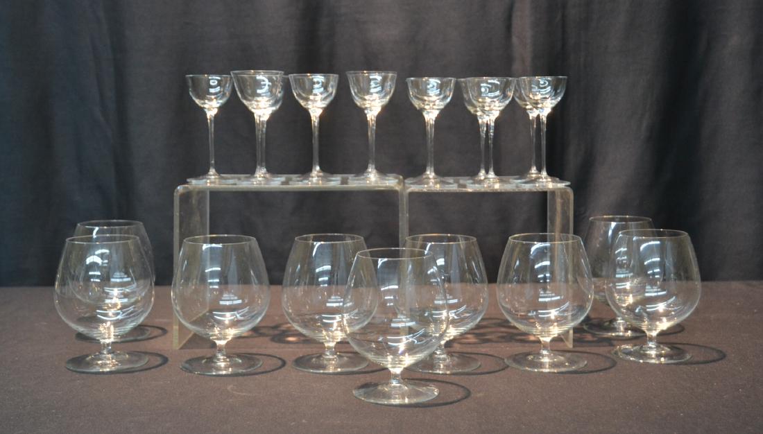 (9) JOSEF HOFFMAN "PATRICIAN" BRANDY GLASSES &: (13) JOSEF HOFFMAN "PATRICIAN" STEMWARE CORDIALS - Josef Hoffman (1870-1956) was a designer of the Austrian Wiener Werkstatte school whose very thin stemmed glasses were originally designed as "Patric