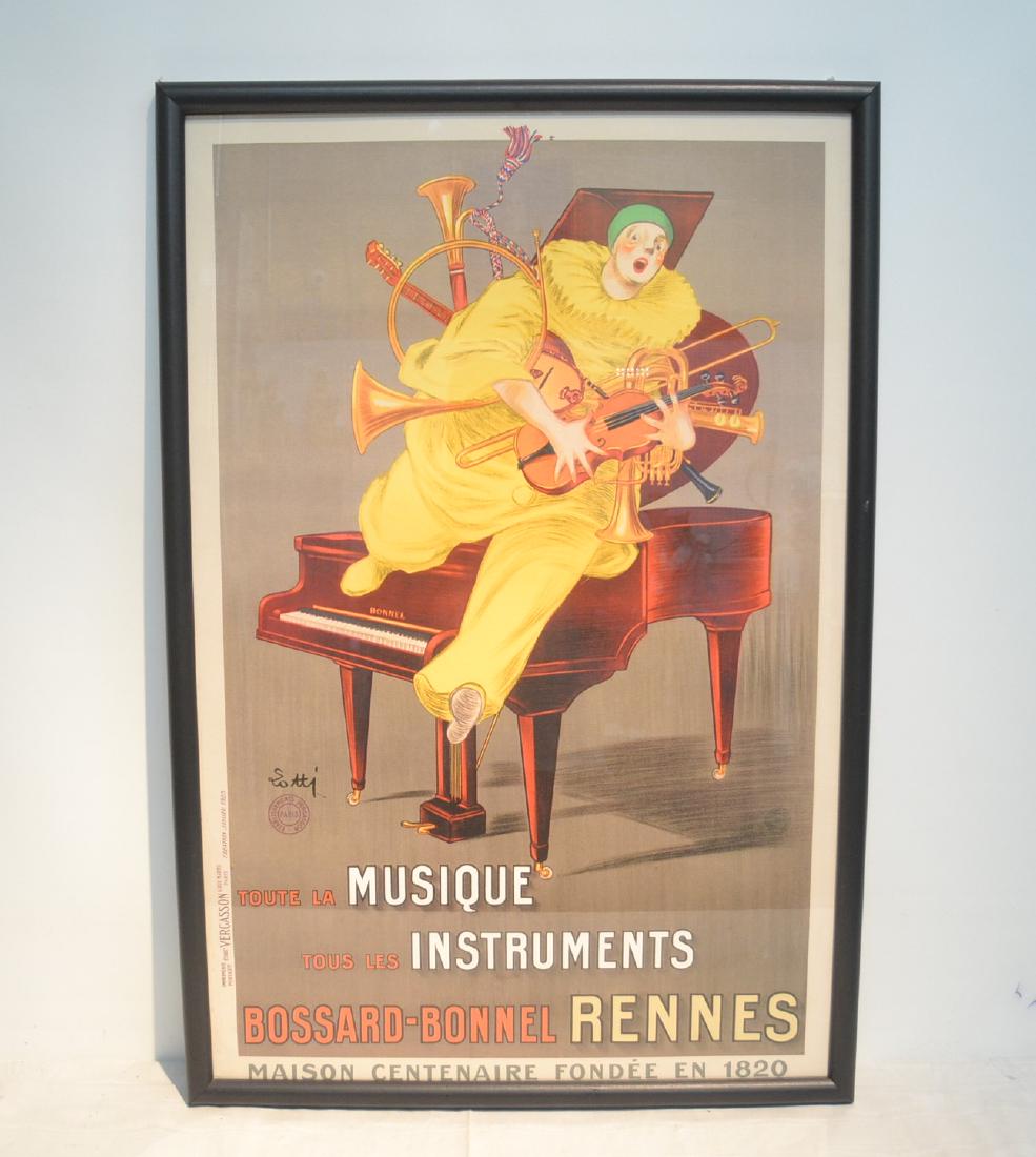 FRENCH BOSSARD BONNEL RENNES POSTER, 1925: FRENCH MUSICAL INSTRUMENT BOSSARD BONNEL RENNES POSTER. Framed color advertising lithograph poster, ''Toute La Musique, Tous Les Instruments, Bossard-Bonnel Rennes,'' 1925, By Lotti (French, 20th Cent