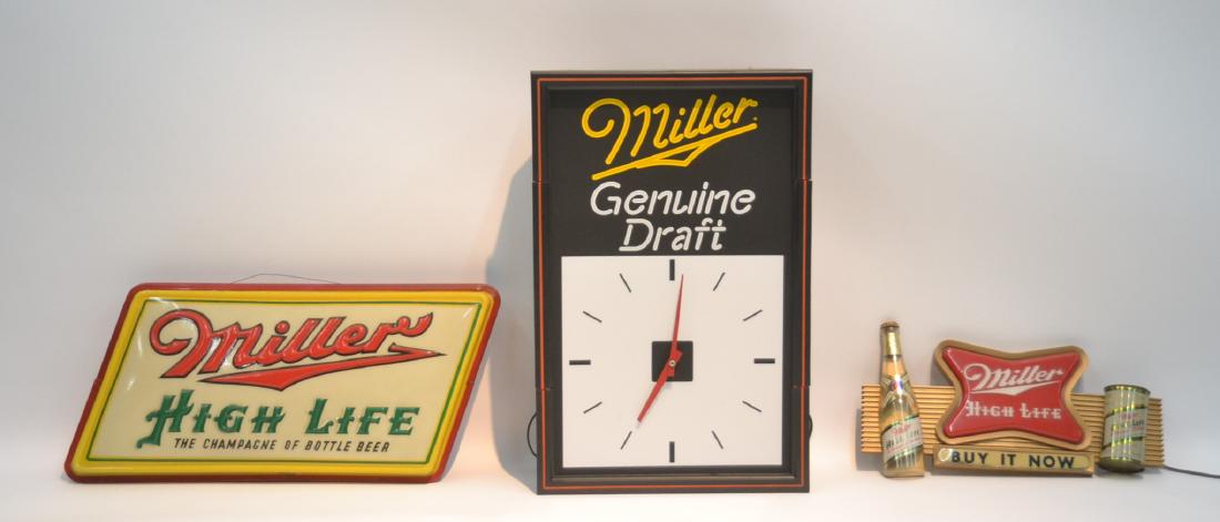 (2) VINTAGE MILLER HIGH LIFE BEER SIGNS &: LATER MILLER CLOCK - SIGNS ARE 18 1/2" x 10", 16" x 5 1./2" x 25" & 12" x 23"