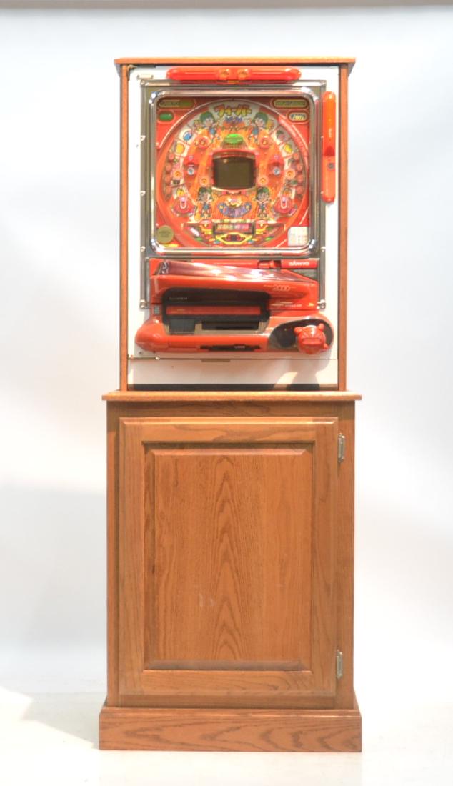 SANKYO PACHINKO ARCADE GAME WITH OAK BASE: 25": x 13" x 34" , 68" TALL WITH STAND