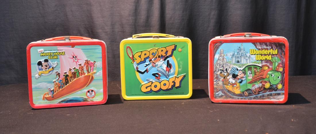 (3) VINTAGE LITHOGRAPHED TIN LUNCH BOXES: ALADIN GOOFY , THERMOS MICKEY MOUSE CLUB & DISNEY WONDERFUL WORLD - LARGEST IS 8 1/4' x 7" x 4"