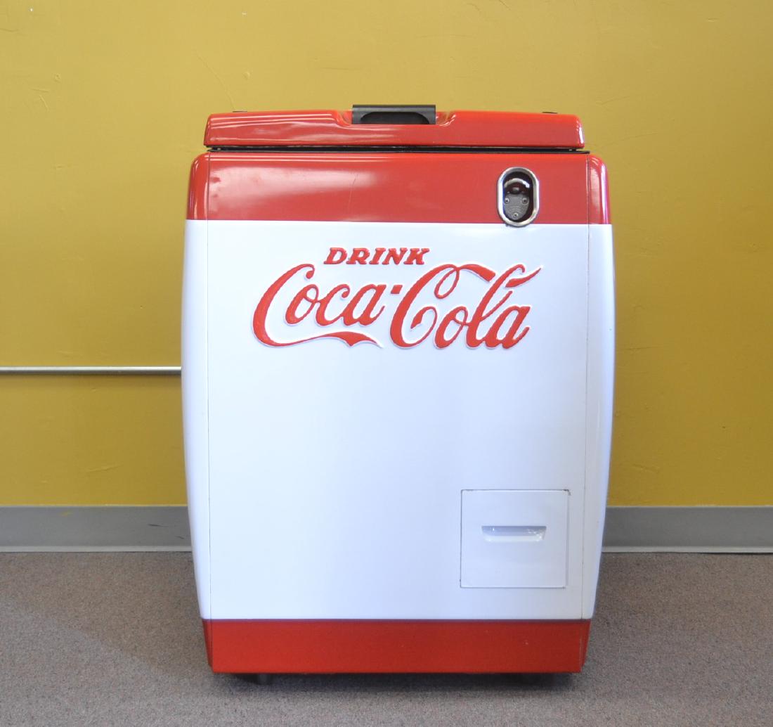 VINTAGE WESTINGHOUSE COCA COLA REFRIGERATOR: COOLER , WITH HINGED LID ; MODEL WH5T - 26" x 27" x 37" (IN EXCELLENT WORKING CONDITION , PAINT PROFESSIONALLY RESTORED)