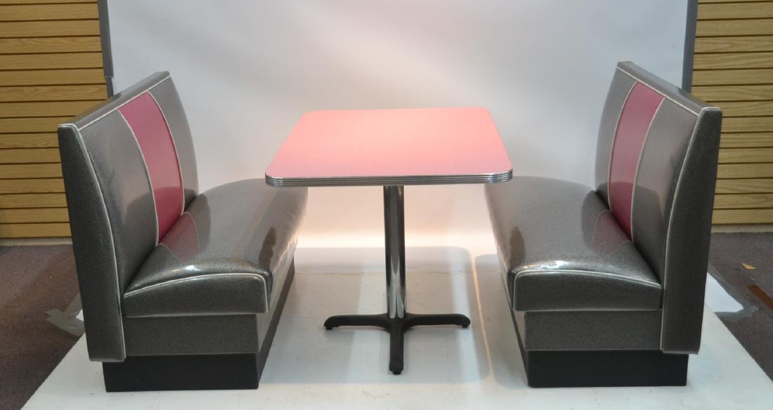 1950s STYLE DINER TABLE & BOOTHS: BOOTHS ARE UPHOLSTERED IN METALLIC BLACK & GRAY & TABLE HAS A BOOMERANG DESIGNS
