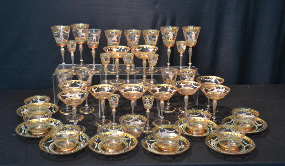 LOBMEYR - MOSER STYLE ENAMELED STEMWARE GLASSES: WITH FIGURES , CHARRIOT & HORSES TO INCLUDE (4) WINE , (8) SMALL WINE , (10) CHAMPAGNE , (7) CORDIAL , (9) BOWLS & (8) PLATES - LARGEST IS 3 1/4" x 7 3/4"