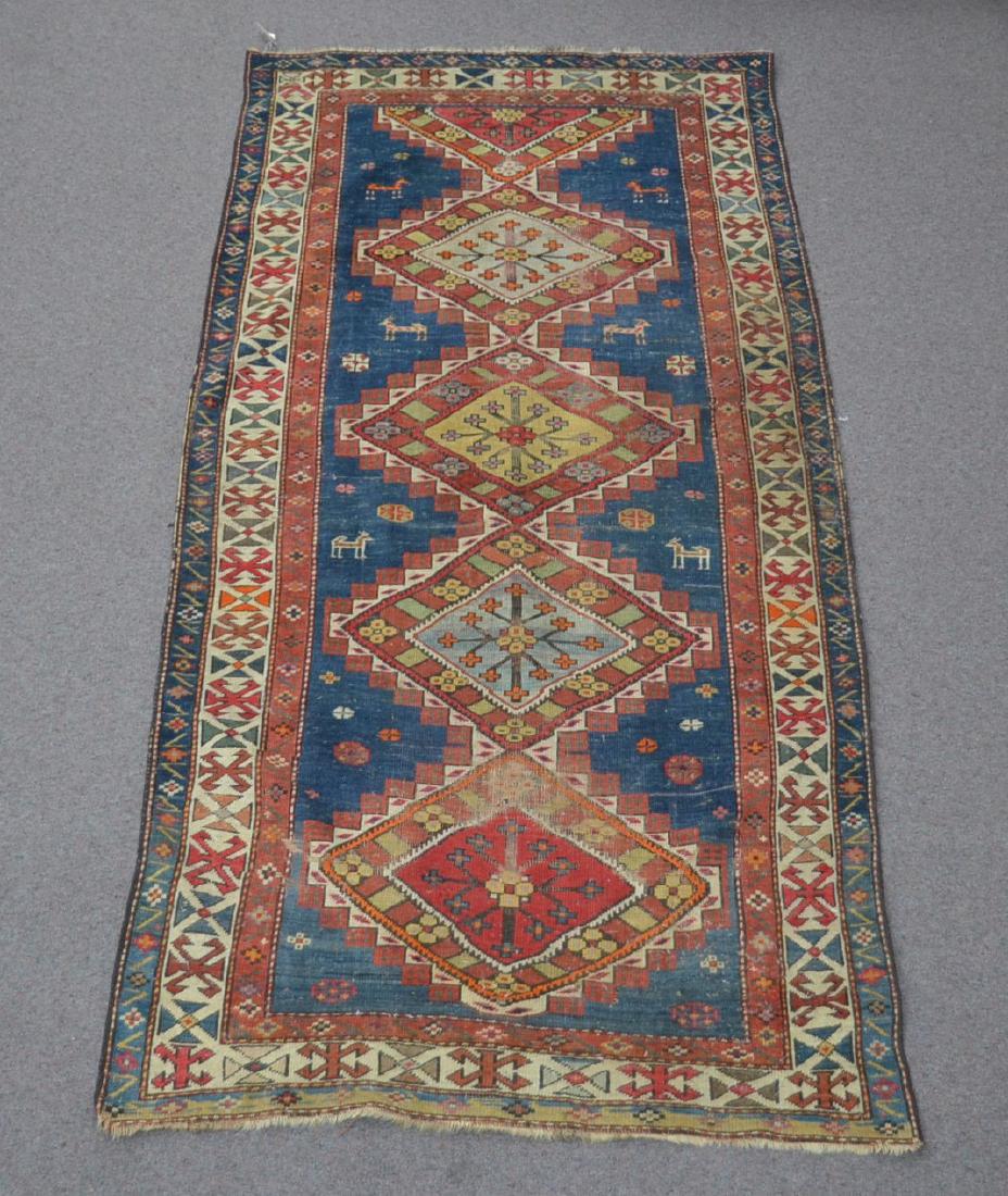ANTIQUE CAUCASIAN RUG - 3' 11" x 8' 2": (SOME WEAR & HOLES)