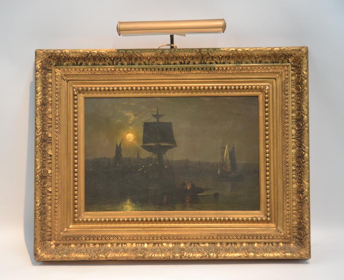 OIL ON CANVAS OF SHIPS AT SEA DURING SUNSET: SIGNED H. NICHOLS , LOWER RIGHT - 24" x 16" , 36" x 25" FRAMED