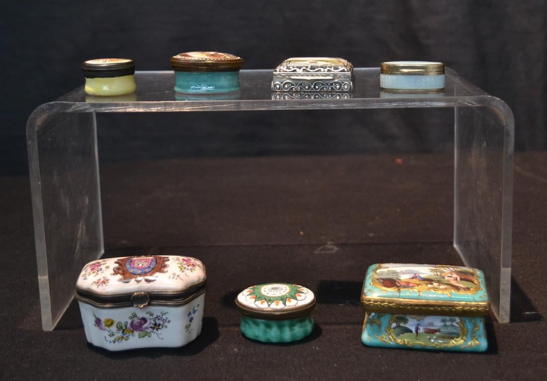 (7) 19thC HAND PAINTED ENAMEL PILL BOXES: (ONE HAS HAIRLINES) 2 3/4" x 1 3/4"