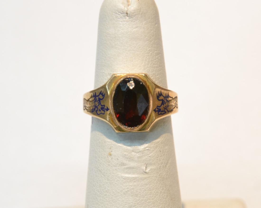14kt GOLD GARNET RING WITH ETCHED DRAGONS: ON SIDE - 5.8grams ; SIZE 6