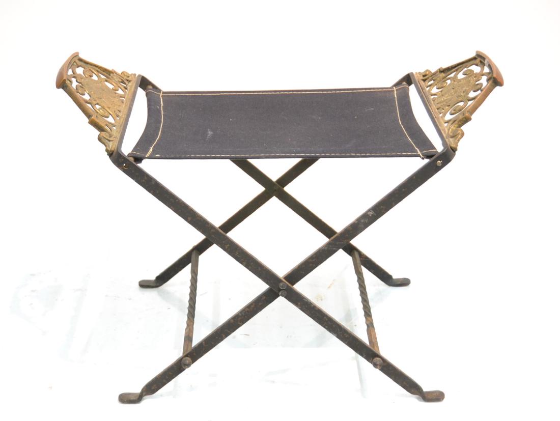 OSCAR BACH STYLE BRONZE & IRON FOLDING STOOL: SEAT WITH MASKS -25" x 13" x 18"
