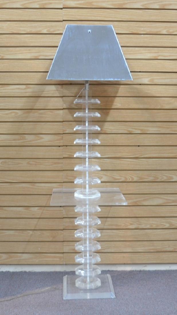 MODERN STACKED LUCITE FLOOR LAMP WITH: CHROME SHADE - 16" x 16" x 60" (SOME CRAZING ON TABLE)