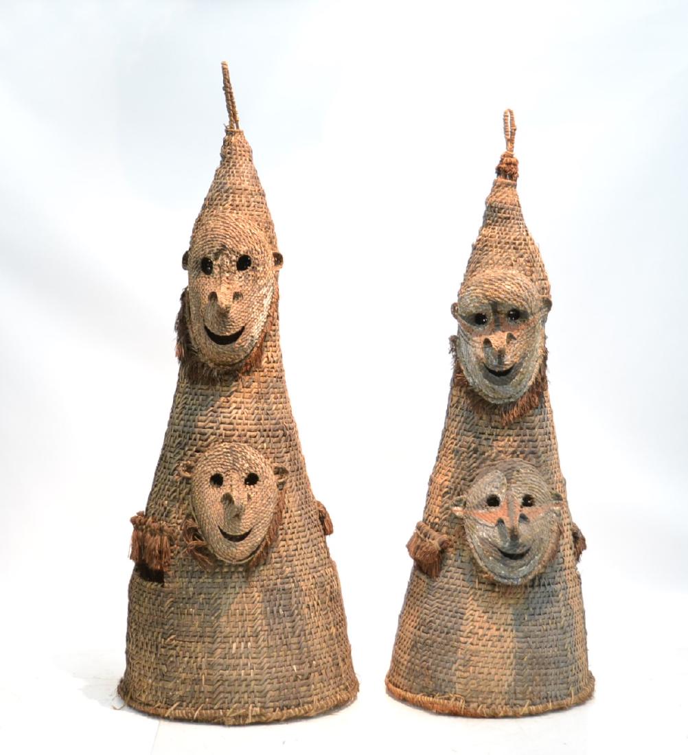 (2) WOVEN AFRICAN TOTEM CEREMONIAL TRIBAL FIGURES: 21" x 78" OVERALL