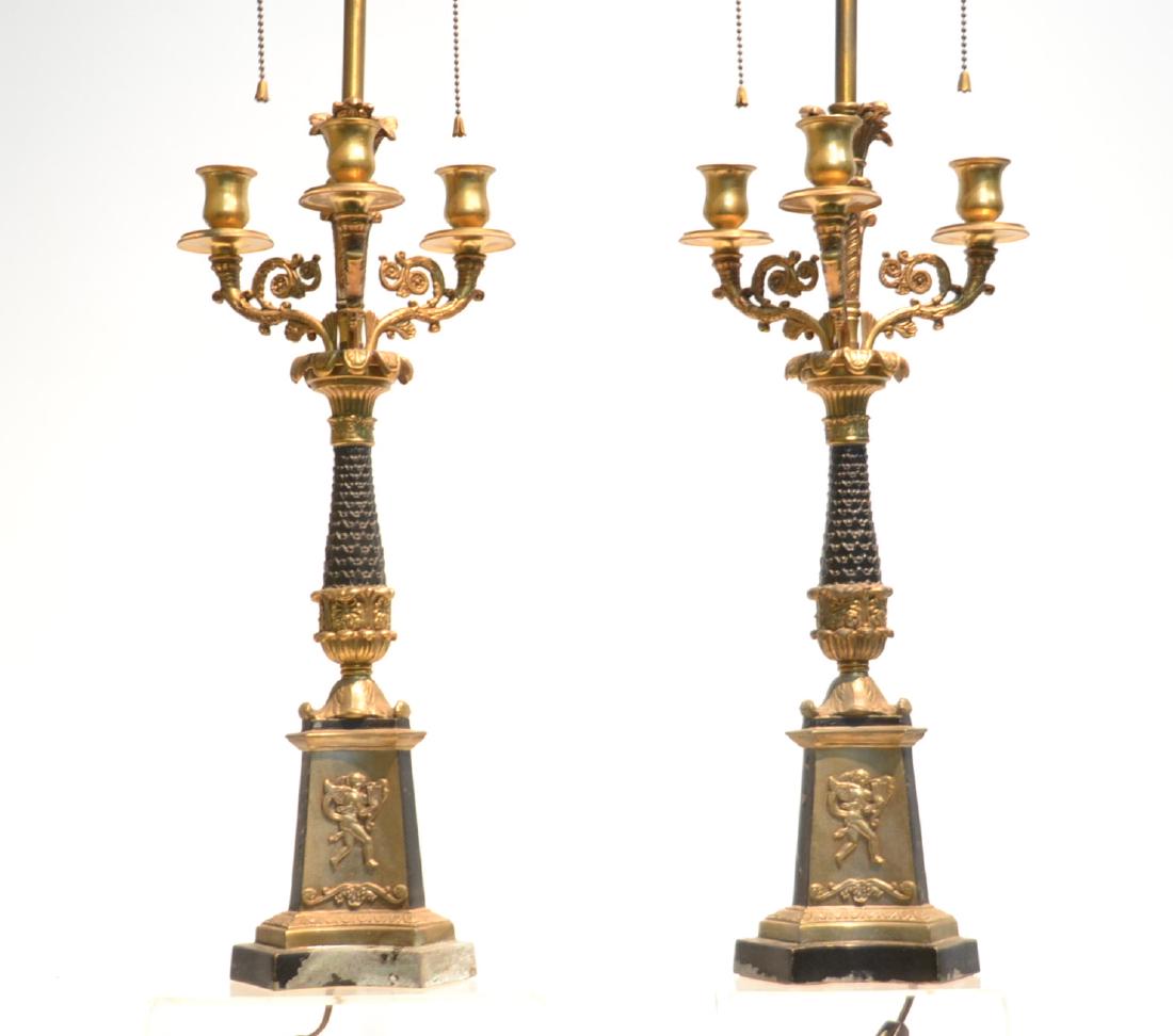 (Pr) WARREN KESSLER 2-TONE BRONZE CANDELABRAS: WITH 4-LIGHT ; (SOME PATINA WEAR) 9" x 26" OVERALL