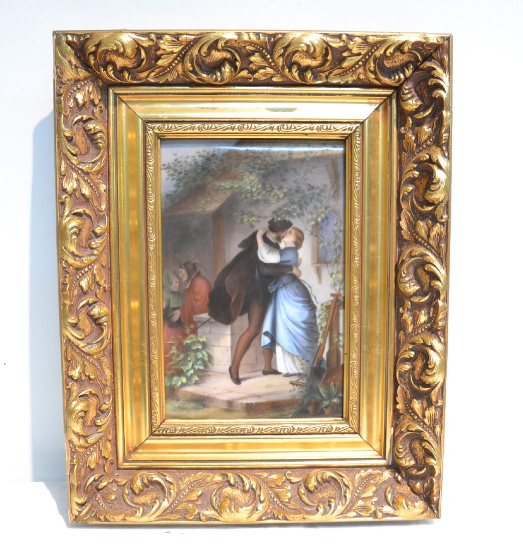 HAND PAINTED KPM PORCELAIN PLAQUE OF LOVERS: KISSING " FAUST & MARGERUITE" ; WITH INCISED KPM SCEPTOR ; INITIAL K & 308 - PLAQUE IS 7" x 10" , FRAMED IS 12" x 15"