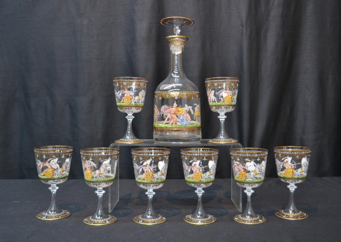 LOBMEYR - MOSER STYLE ENAMELED DECANTER &: (8) GLASSES , WITH SEMI NUDE FIGURES & HORSE DRIVEN CHARIOTS - DECANTER IS 4" x 11 1/4"
