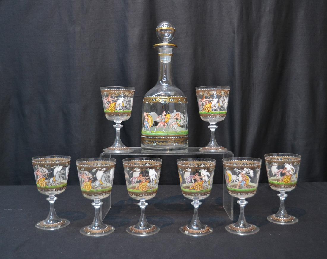 LOBMEYR - MOSER STYLE ENAMELED DECANTER &: (8) GLASSES , WITH SEMI NUDE FIGURES & HORSE DRIVEN CHARIOTS - DECANTER IS 3 1/2" x 11 1/4"