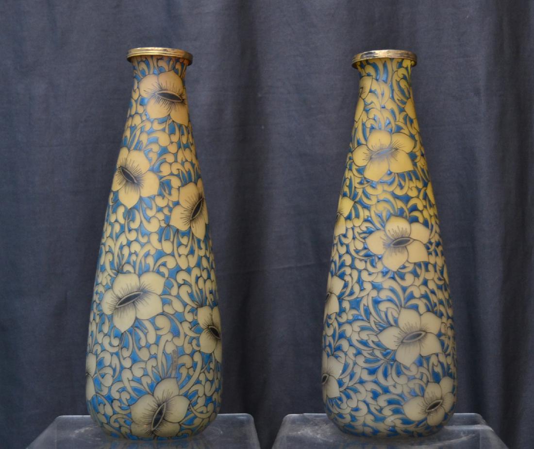(Pr) LEUNE - DAUM FRANCE ART GLASS VASES: WITH ENAMELED FLOWERS & BRONZE RIM , SIGNED LEUNE - 4" x 12"
