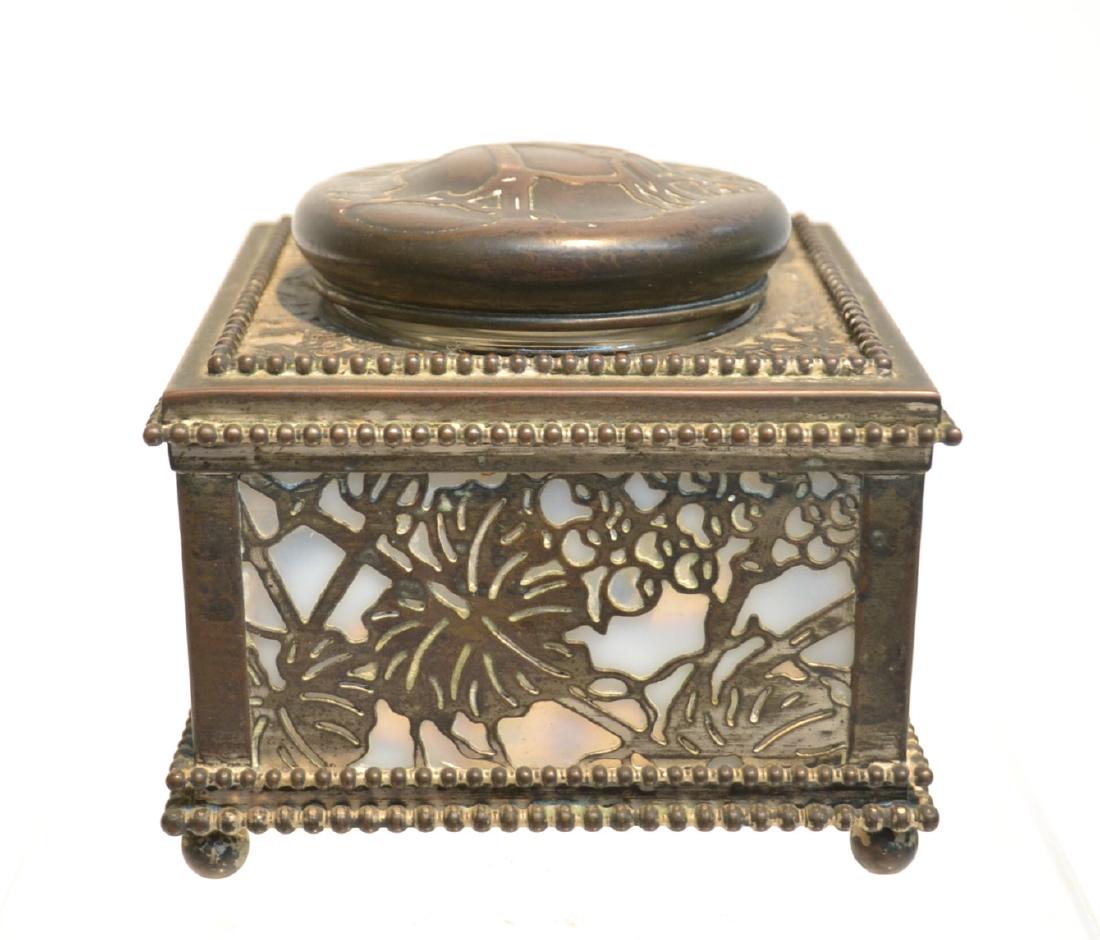 TIFFANY STUDIOS SILVERED BRONZE INKWELL: WITH SLAG GLASS - 4" x 4" x 3 1/2" (SOME PATINA LOSS)