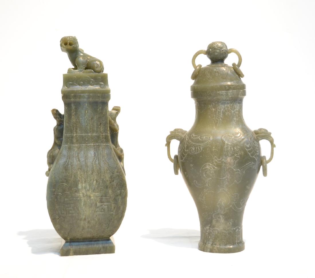(2) ANTIQUE JADE COVERED VASES: JADE COVERED VASE WITH FOO DOG FINIAL & JADE COVERED VASE WITH DROP RING HANDLES - 4" x 3" x 11"