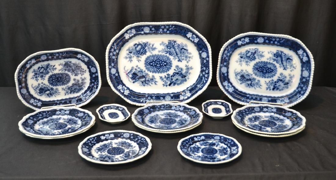 ASSORTED FLOW BLUE & WHITE COPELAND SPODE: "TROPHIES" ENGLAND , DINNERWARE CONSISTING OF (3) PLATTERS , (6) PLATES, (4) SMALLER PLATES - LARGEST PLATTER IS 10" x 16" , WITH KM ANTIQUES , LONDON STICKER