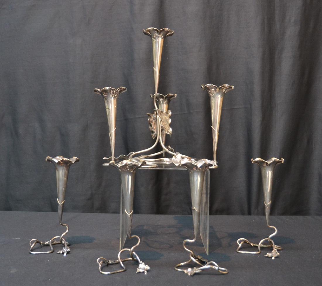 4-FLUTE SILVER PLATE EPERGNE & (4) SINGLE: SILVER PLATE EPERGNES - LARGEST IS 11" x 9" x 12"
