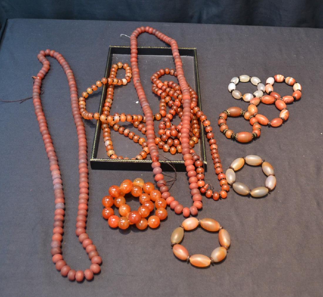 ASSORTED GLASS & STONE BEAD NECKLACES &: BRACELETS , LONGEST IS 48"
