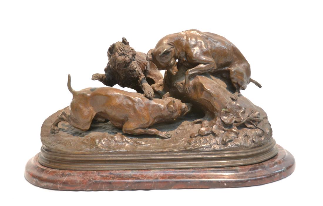 AFTER PIERRE JULES MENE (1810-1879) BRONZE: DOG GROUPING "DOGS FERRETING", ON MARBLE BASE - , SIGNED PJ MENE - 14" x 6" x 7" ,. 17" x 7 1/2" x 8" OVERALL , ANIMALIER BRONZE BY PJ MENE