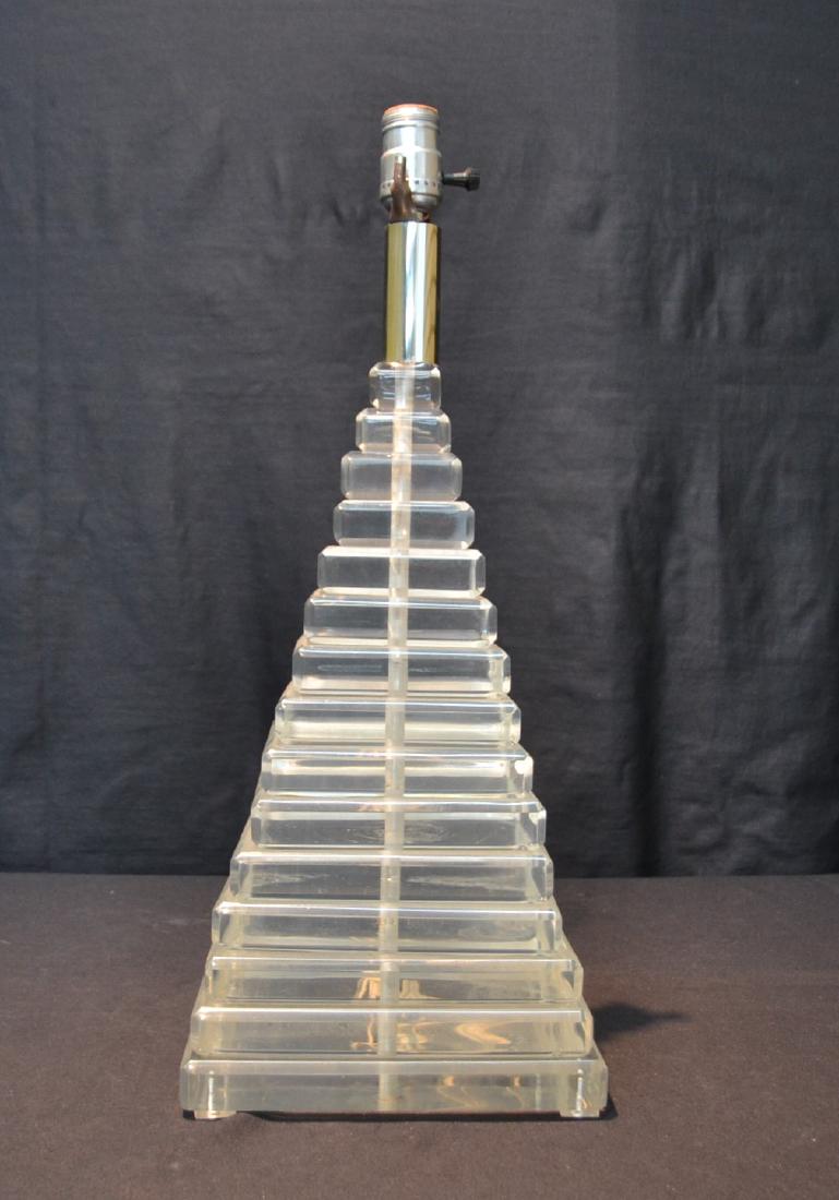 MODERN KARL SPRINGER STYLE STACKED LUCITE LAMP: MODERN PYRAMID FORM STACKED LUCITE LAMP , IN THE STYLE OF KARL SPRINGER - 9" x 9" x 21"