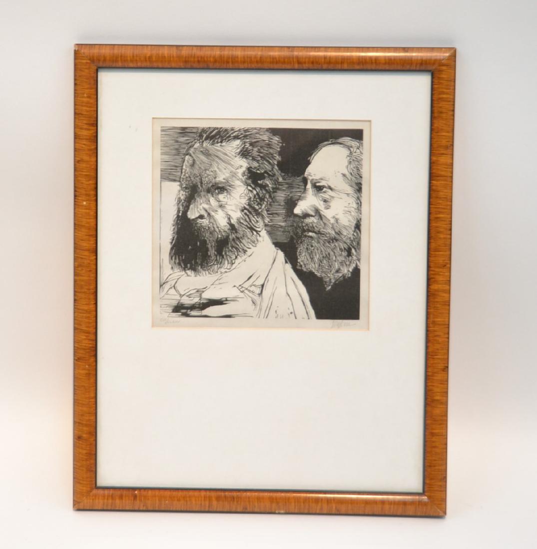 LEONARD BASKIN LITHOGRAPH OF (2) BEARDED MEN: HAND SIGNED , - 7" x 7" , 12" x 15" FRAMED