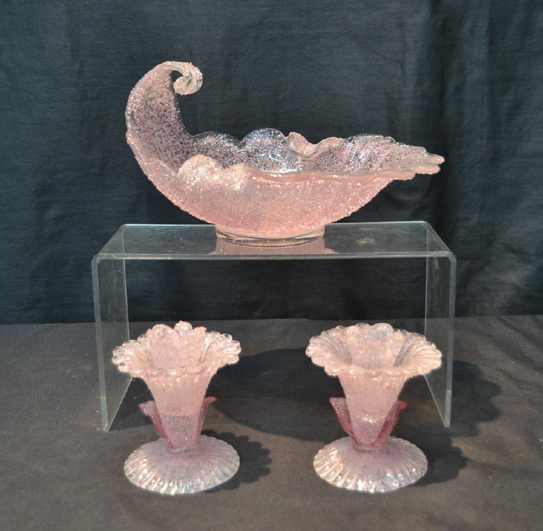 PINK VENETIAN ? ART GLASS SHELL FORM BOWL: & (Pr) CANDLESTICKS 10" x 9 1/2" x 6"
