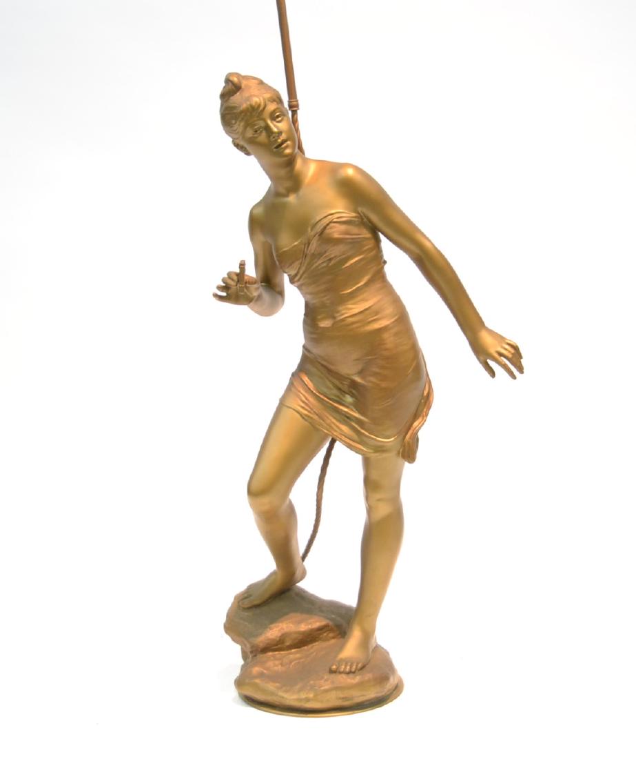 AFTER JEAN GARNIER (FRENCH, 1820-1895): LARGE 35" GILT PATINATED WOMAN WITH FLUTE , SIGNED J. GARNIER , MOUNTED AS LAMP , FIGURE IS 11 1/2" x 11" x 35" , OVERALL IS 47" TALL
