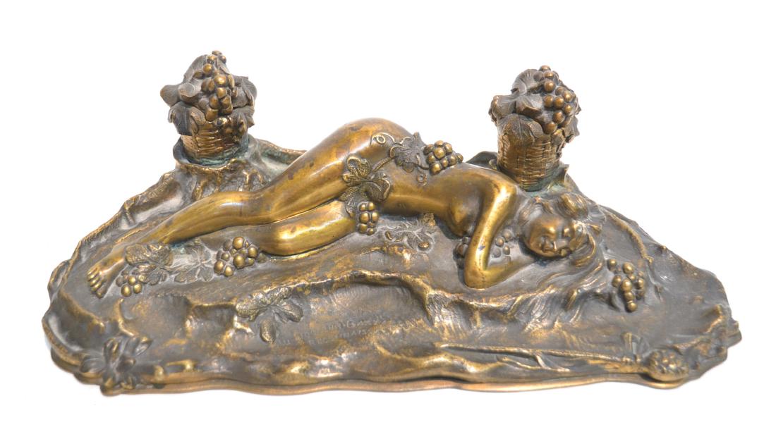 PAUL PHILIPPE (FRENCH, 1870-1930) BRONZE INKWELL: FRENCH BRONZE DOUBLE INKWELL DEPICTING RECLINING NYMPH SURROUNDED BY GRAPES & GRAPEVINES , SIGNED P.PHILIPPE - 11 1/2" x 5 1/2" x 3 1/2"