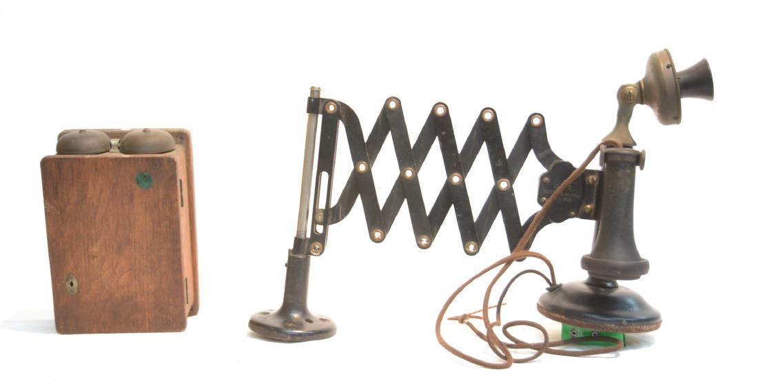 1917 WESTERN ELECTRIC CANDLESTICK PHONE UNIT: 1917 WESTERN ELECTRIC MODEL 40AL CANDLESTICK PHONE WITH 295A RINGER BOX & WESTERN ELECTRIC MODEL 47A SCISSOR EXTENSION FOR WALL MOUNT OR TABLE TOP , WITH BRACKETS