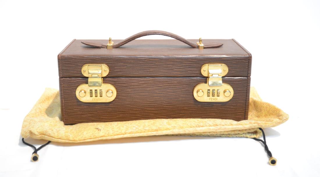 FENDI , LEATHER JEWELRY BOX WITH DUST COVER: 11" x 5 1/4" x 4" (LIKE NEW)