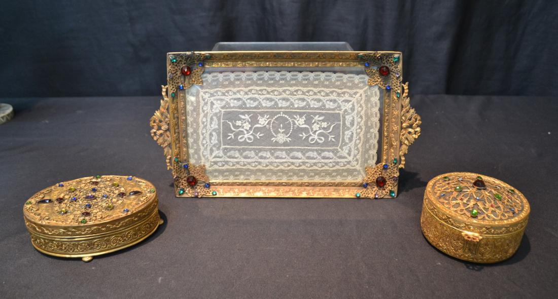 GILT ORMOLU JEWELED DRESSER SET: CONSISTING OF (2) BOXES & TRAY -TRAY IS 7" x 13" ; (2) PIECES MARKED E & JB EMPIRE ART GOLD & ONE MARKED APOLLO
