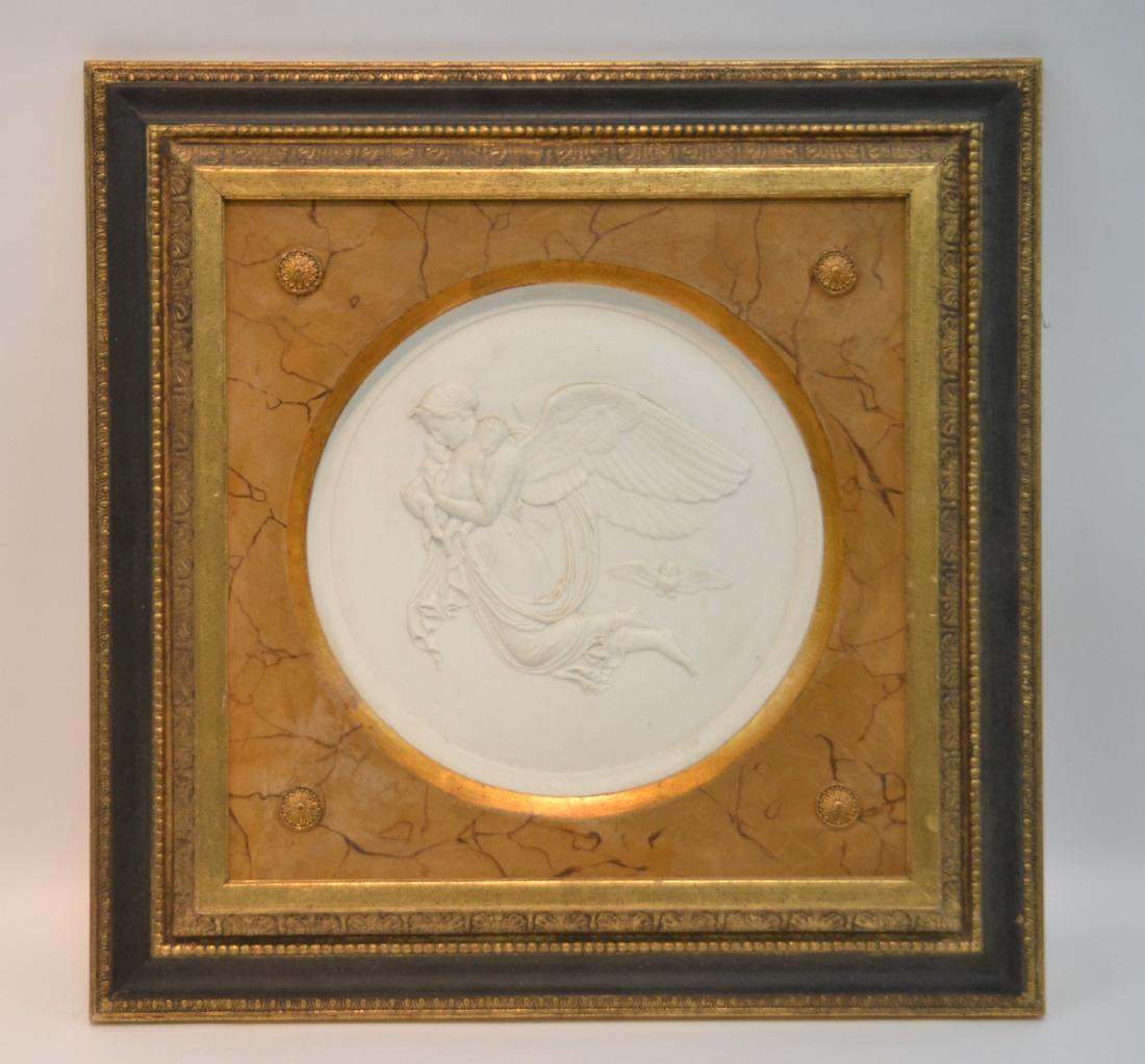 ROUND PARIAN CHARGER OF ANGEL WITH (2) KIDS: & OWL , FRAMED 21" x 21" (CHARGER IS 12")