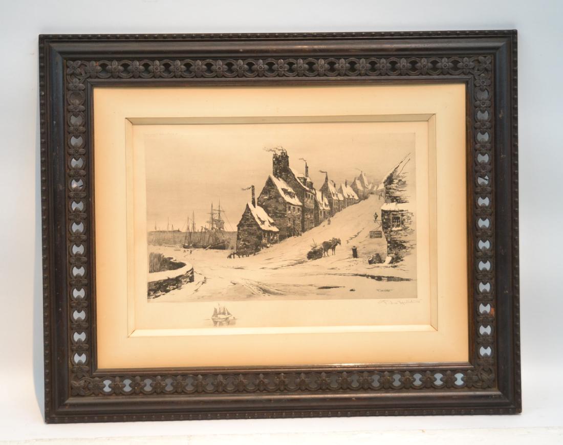 FREDERICK LEO HUNTER (NY , 1858-1943): ENGRAVING OF WINTRY COASTAL VILLAGE , HAND SIGNED IN PENCIL WITH REMARQUE , IN CARVED FRAME - 23" x 16 1/2" , 36 1/2" x 30" FRAMED (NO GLASS)