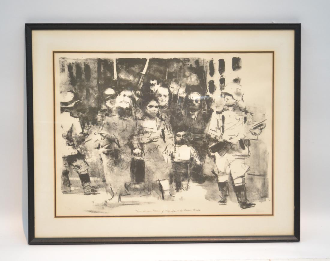 JACK LEVINE (AMERICAN b. 1915) WARSAW GHETTO: LITHOGRAPH , PENCIL SIGNED , J. LEVINE , LOWER LEFT - "TO AN UNKNOWN GERMAN PHOTOGRAPHER AT WARSAW GHETTO" 26" x 19 1/2" , 32 1/2" x 36"