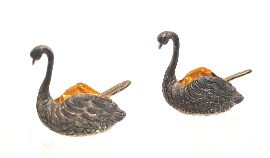 TANE STERLING SILVER SWAN MASTER SALTS: (Pr) TANE , MEXICO STERLING SILVER SWAN FORM MASTER SALTS WITH SPOONS - 2" x 1 3/4" , 4.93ozt