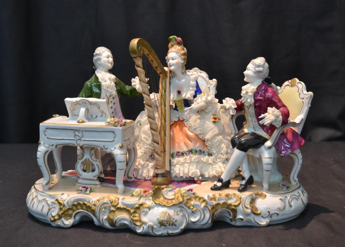 DRESDEN STYLE GROUPING OF (3) MUSICIANS: 13" x 8" x 10" (REPAIR TO HARP)