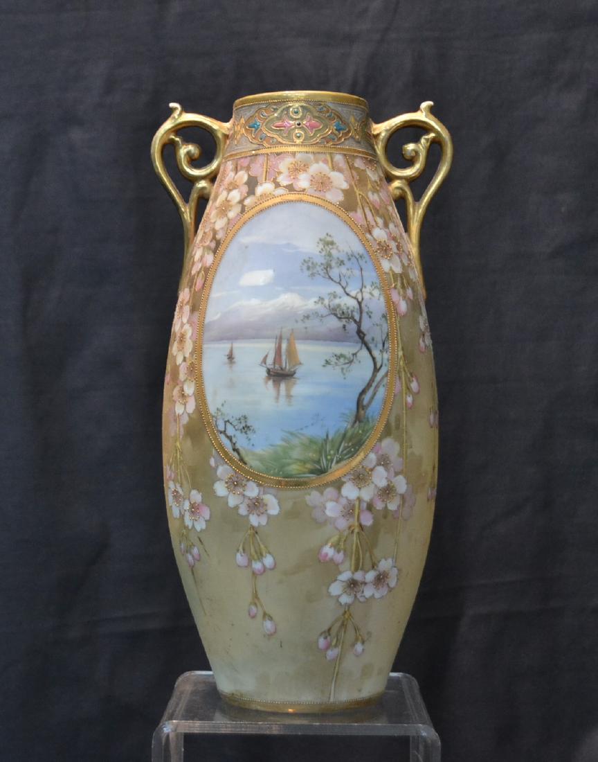 TWIN HANDLE NIPPON VASE WITH SAILBOAT MEDALLIONS: (DRILLED)WITH MATCHING WOODEN BASE - VASE IS 6" x 4 1/2" x 12"