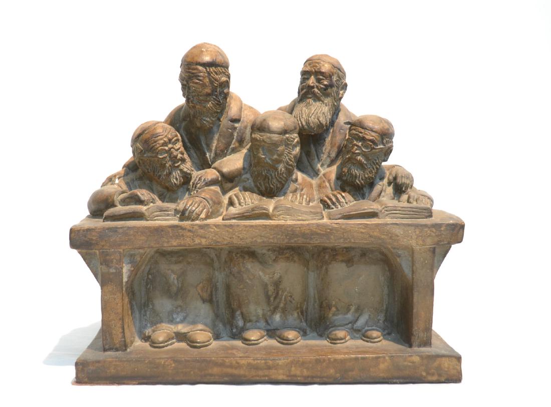 PLASTER RABBI GROUPING: PLASTER COMPOSITION GROUPING OF (5) RABBIS READING AT TABLE - 13" x 9" x 12"